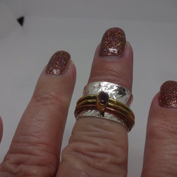 Whimsical "RUBELLITE SPINNER RING" Handmade in SILVER, COPPER & GOLD Size 8 #950 - Picture 3 of 3